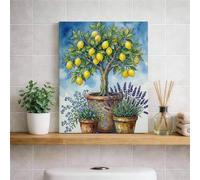 Lemon Tree Canvas Wall Art, Blue Green Floral Pottery Print, Spring Home Decor for Living Room, Kitchen, Dining Room, Wrapped Canvas 8x10 Inch