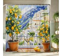 Lemon Tree Shower Curtain, Watercolor Yellow Green Citrus Bath Curtain for Kitchen Decor, Spring Summer Mediterranean Modern Rustic Waterproof Fabric Shower Curtain Set with Hooks 62x72 Inch