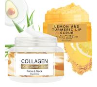 Lemon-Turmeric Lip Scrub Exfoliator & Retinol Face Moisturizer for Women/Men Set - Anti-Aging Neck Cream + Organic Lip Scrub - Collagen Retinol Cream Kit for Dark Lips, Wrinkles & Dry Skin (50g+80g)