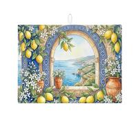 Lemon View Dish Drying Mats for Kitchen Counter, Mediterranean Floral Absorbent Dish Drainer Rack Mat, Summer Coastal Microfiber Drying Pad for Kitchen Counter Decor 18x24 Inch