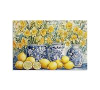 Lemon Wall Art Kitchen Pictures Yellow Lemon And Blue Pottery on Table Painting Vintage Citrus Fruit Canvas Print Artwork Rustic Farmhouse Decor Posters12x18inch(30x45cm)