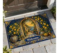 Lemon Welcome Door Mat, Mediterranean Tropical Flower Arch Summer Blue Washable Low Profile Back Doormat for House Office Outside Inside Entrance Decor 29x17 Inch