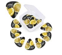 Lemon with Black and White Guitar Picks 12 Pack with Custom Organizer Storage Box, Guitar Accessories, Ukulele for Acoustic Guitar, Bass, St Day Gift