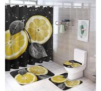 Lemon with on Black and White Shower Curtain Set 4 Piece, Non-Slip Bath Mat with Toilet Lid Cover and Waterproof Shower Curtain with 12 Hooks, Complete Bathroom Set for Home Decor