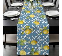 Lemon with Table Runner 13x120 Inches Long Leaves Floral Pattern Blue Cotton Linen Table Runner Burlap Style for Dinner Table Party Decor Tabletop Decorations
