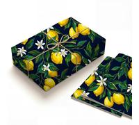 Lemon wrapping paper 2 flat sheets 120gsm thick kraft, midnight navy botanical lemon gift wrap for birthday retirement elegant party, moody dark floral art packaging