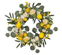 Lemon Wreath 17.7 Inch Artificial Spring Summer Wreath with Yellow White Peony Flowers and Green Leaves Spring Wreaths for Front Door Wall Window Party Decor, Summer Wreath