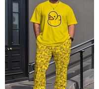 (Lemon Yellow, 54-56) A Short-Sleeve And Long-Pants Set Featuring a Little Yellow Duck Print, Plus-Size Men'S Loungewear