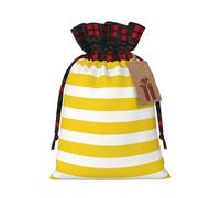 Lemon Yellow Stripes Pattern Printed Christmas Drawstring Linen Gift Bags â€“ Reusable Burlap Fabric Bags With Tags For Christmas Gifts, Party Favors, Wedding Decor & Holiday Packaging 2 Sizes