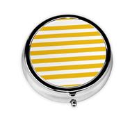 Lemon Yellow Stripes Pattern Round Pill Box - Full Print Design, Metal Electroplated Compact Medicine Case for Travel, Fits Pockets & Wallets