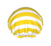 Lemon Zest Yellow Stripes Pattern Print Soft Lined Shower Cap, Double Layer Washable Wide Elastic Band Hair Shower Cap For Bath