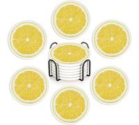 Lemonade 6Pack Ceramic Drink Coasters,Quick-Absorb Stone Coasters with Anti-Slip Cork Backing & Metal Holder, Table Protectors for Kitchen Bar