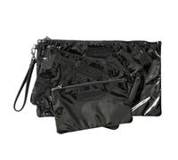 lemonbella Medium Carly Trio Pouch Set 3 Nylon Quilted Metallic Organization Bag with Wristlet - Versatile for Travel, Cosmetics, Tech, and Everyday Essentials, Black