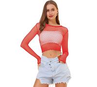 LemonGirl Women Fishnet Long Sleeve Crop Top Lingerie Babydoll Chemise Mesh Tops US2-16 Red