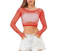 LemonGirl Women Fishnet Long Sleeve Top Lingerie Babydoll Chemise Mesh Shirt One Size UK4-20 Red