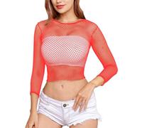 LemonGirl Women's Fishnet Long Sleeve Crop Top Mini Lingerie Mesh Babydolls Chemises Nightwear One Size Red