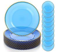 LemonRoad 12 Pack Blue Charger Plates 13'' Plastic Clear Blue Chargers with Bead Rim Round Tabletop Decorative Plates for Wedding Bridal Shower Holiday Party Home Restaurant Supplies(Gold)