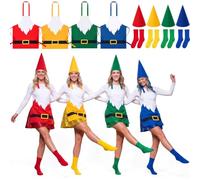 LemonRoad 12 Pcs Gnome Costume Set for Adults Felt Cone Hats with Beard Print Aprons and Socks Halloween Christmas Dwarf Outfit (Red,Blue,Yellow,Green)