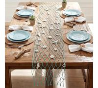 LemonRoad 13 x 72 Inch Nautical Fish Net Table Runner Fish Net Decoration with 34 Pcs Starfish Seahorse and Seashells for Ocean Nautical Mediterranean Themed Party Decor(Light Blue)