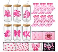 LemonRoad 18 Pcs Breast Cancer Survivor Gift Sets for Women 16 oz Can Shaped Glass Cups with Lids and Straws Pink Ribbon Makeup Bags Pink out Socks for Breast Cancer Awareness Month Accessories