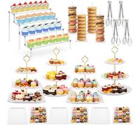 LemonRoad 19 Pcs Dessert Table Display Stand Set Include 4 Tier Dessert 4 Cup Cake Tier Tower Holder 4 Donut Stand 6 Serving Tray and 4 Cake Clips for Birthday Wedding Party(White and Gold)