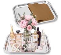LemonRoad 2 Pack Rectangle Silver Mirror Tray, 18.11x14.17x0.98 Inch Large Size Perfume Mirror Tray Heavy Duty Stainless Steel Serving Platter with Anti Slip Mat for Table Centrepiece Vanity Bathroom