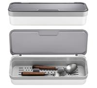 LemonRoad 2 Pcs 12.6 x 4.7 x 2.4 Inches Large Flatware Tray with Lid and Drainer, Plastic Utensil Organizer, Transparent Storage Box and Drain Rack, Tableware Storage Box for Home Kitchen
