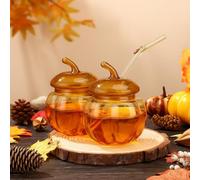 LemonRoad 2 Pcs Fall Pumpkin Shaped Glass Cup with Lids and Straws, Pumpkin Coffee Mugs Autumn Tea Cup Drinking Glasses for Halloween, Thanksgiving, Christmas, Birthday Gifts, Orange