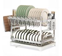 LemonRoad 2 Tier Dish Drying Rack Set Large Capacity Stainless Steel Dish Drainer Rack for Kitchen Counter Removable Plate Strainer Shelf with Drain Board Utensil Holder Drain Spout Cup Holder, Sliver