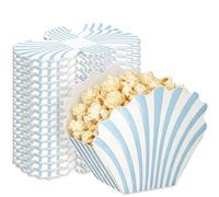 LemonRoad 24 Pcs Scalloped Blue Stripe Popcorn Boxes Blue Seashell Treat Boxes Shell Last Toast on The Coast Party Favor for Coastal Beach Mermaid Themed Supplies Ocean Under The Sea Party Favors