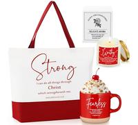 LemonRoad 3 Pcs Christmas Christian Gift Set Inspirational Large Handle Bag Ceramics Coffee Mug Religious Scented Candle Religious Gift for Church Sunday School Women(Red)