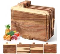 LemonRoad 4 Pack 11.8"L x 9.8"W Wood Cutting Board Set with Holder, Acacia Wood Chopping Board Set with Food Icons and Juice Groove, Ideal for Meat, Fish, Bread, Vegetable, Fruit