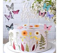 LemonRoad 44 Pcs Flower Cake Toppers with 35 Dried Flower Decorations 8 Pcs 3D Colorful Butterfly Decoration and 1 Baby in Bloom Cake Topper for Birthday Weddings Parties Baby Shower Supplies