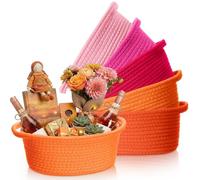 LemonRoad 5 Pcs Cotton Rope Woven Basket with Handles 9 x 6 x 5 Inches Pink Orange Color Decorative Empty Gift Basket Chest Box Books Dog Storage Mini Bin Cute Storage Organizer