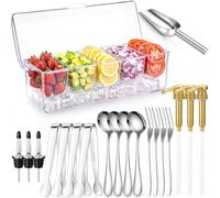 LemonRoad 5 Removable Compartment Ice Chilled Condiment Server Set Chilled Condiment Container with Lid 3 Syrup Pump Wine Pourer 4 Spoon Fork and Clip Steel Scoop for Bar Accessories Party Supplies