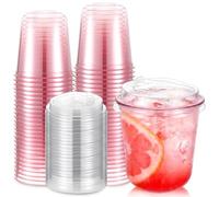 LemonRoad 50 Pack 12 Oz Pink Clear Plastic Cups with Sip Lids Round Bottom Disposable Iced Coffee Cups with Strawless Lids for Iced Coffee Juices Smoothie Cold Beverage Party Catering Supplies