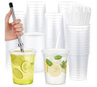 LemonRoad 50 Set Lemonade Stand Cups with Lids Straws Puncher 32oz Clear Plastic Drink Buckets with Flat Lids Disposable Drink Cups for Lemonade, Iced Coffee, Juice & Summer Party Supplies