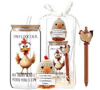LemonRoad 6 Pcs Chicken Lover Gifts for Women Funny Chicken Glass Cup Tumbler with Lid and Straw Crochet Animals Ballpoint Pens Box Ribbon Raffia Grass for Men Lady Birthday Christmas Party