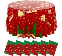 LemonRoad 6 Pcs Christmas Round Tablecloth 84 Inch Xmas Disposable Plastic Table Cloth Red Merry Christmas Santa Reindeer Table Covers Decoration for Holiday Party Dining Kitchen Gifts Supplies