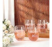 LemonRoad 6 Sets Bridesmaid Stemless Wine Glass 18 oz Pearls Bridesmaid Gifts Bachelorette Party Wine Glasses Engagement Wedding Gifts for Wedding Bachelorette Party Supplies