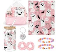 LemonRoad 8 Pcs Pink Boo Basket Gift for Women Boo Gift Halloween Gifts Set, Pink Ghosts Blanket, 16oz Ghost Tumbler Keychain Hair Bands Bracelets Woven Basket for Halloween Party