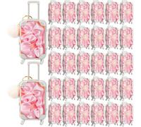 LemonRoad 90 Pcs Clear Mini Suitcase Party Favor Box with Plush Ball Keychain and Scrunchies Mini Suitcase Gift Box Luggage Storage Containers for Candy False Eyelashes Jewelry(Pink)