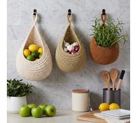 LemonRoad Boho Woven Hanging Wall Baskets for Kitchen, 3 Colors Teardrop Fruit Vegetables Baskets with 9 Hooks, 3 Sizes Cotton Rope Storage Onion Potato for Kitchen Home Decor, White, Linen, Caramel