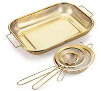 LemonRoad Gold Over the Sink Colander with Expandable Handles and 3 Pcs Gold Fine Mesh Strainer Large Stainless Steel Colander Strainer Basket for Kitchen Accessories (15-18.1 L x 10.6 W x 2.4 H)