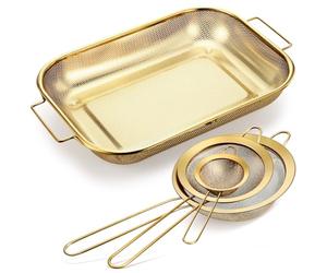 LemonRoad Gold Over the Sink Colander with Expandable Handles and 3 Pcs Gold Fine Mesh Strainer Large Stainless Steel Colander Strainer Basket for Kitchen Accessories (15-18.1 L x 10.6 W x 2.4 H)