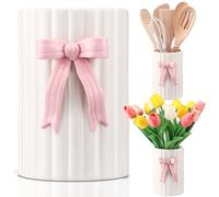LemonRoad Handmade Pink Bow Ceramic Utensil Holder 3D Coquette Cooking Utensil Crock with Scalloped Edge Design Preppy Storage Caddy Organizer Vase Decor for Kitchen Countertop Housewarming Gift