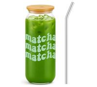 LemonRoad Matcha Glass Cups with Bamboo Lid and Glass Straw, 16 oz Drinking Cup with Cleaning Brush for Matcha, Ice Coffee, Beer, Whiskey, Soda