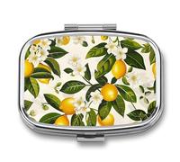 Lemons and Flowers Pill Box 2 Compartment - Small Metal Medicine Organizer Portable Pill Case for Purse Pocket Travel Vitamin Organizer for Men Women, BPA-Free