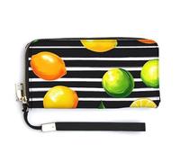 Lemons Oranges Black Strip Cute Coin Purse Leather Small Change Purse Zipper Travel Wallet Holder with Hand Strap