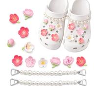 LEMONSTONE 13-Piece Set Flower Pins for Crocs with Pearl Chain, 3D Cherry Blossom Shoe Charms, Pink Sakura Pin for Crocs Women Girls, DIY Shoe Jewellery, Clogs, Sandals